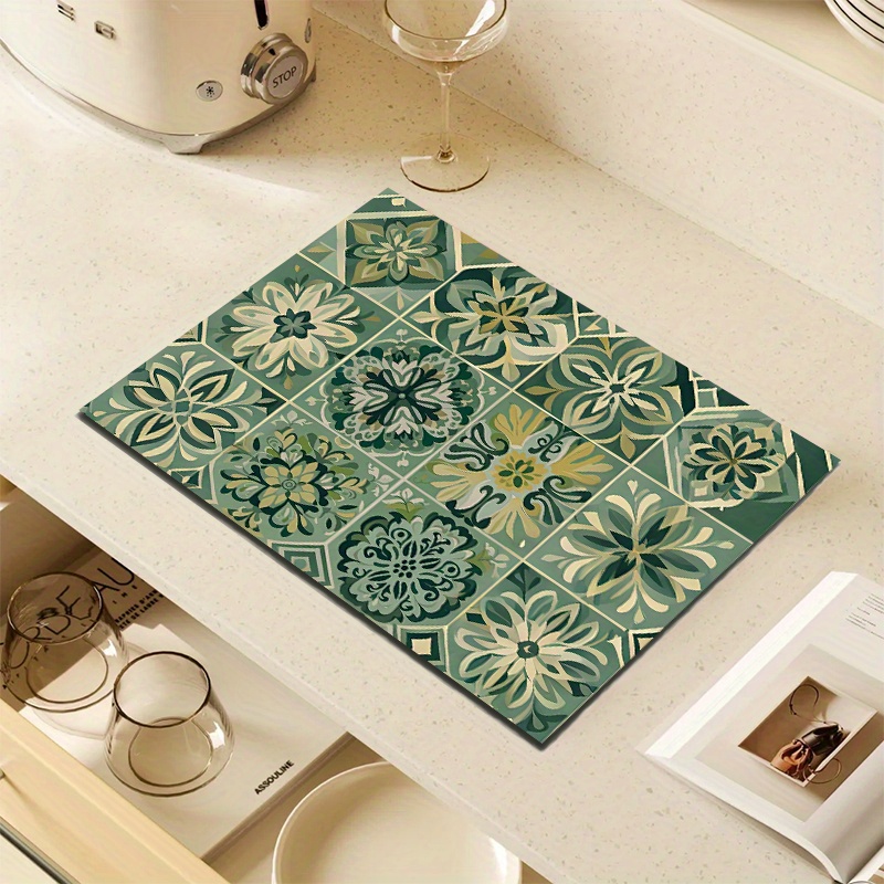 TEMU 1pc, Vintage Tile Print Dish Drying Mat/absorbent Placemat, Non-slip Rubber Material, Featuring Green- Retro Patterns, Rectangular Dish Drying