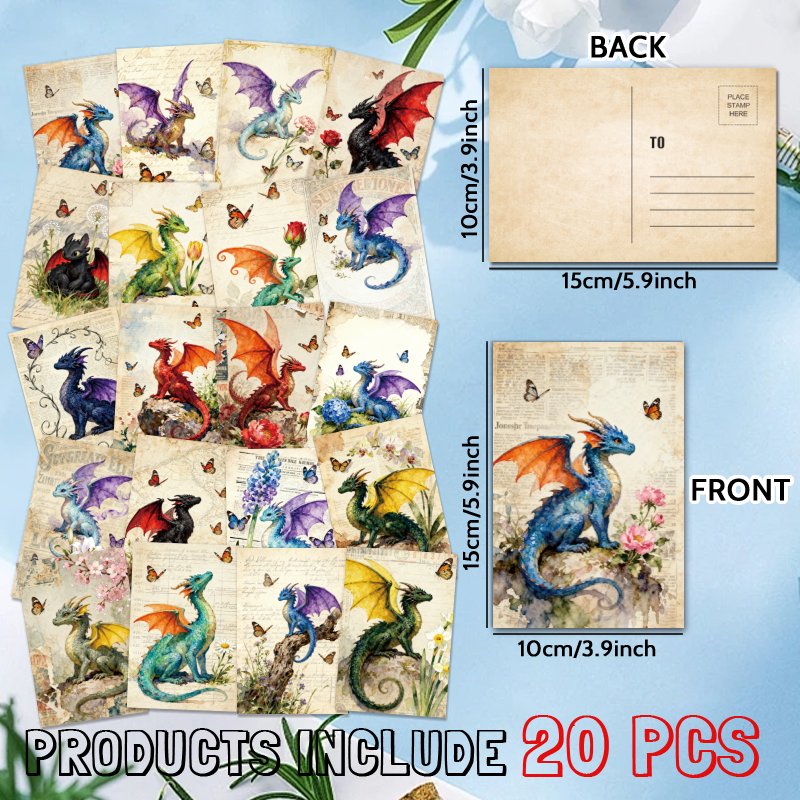 E-shop 20 Stück Postkarten - 20 Stück Fantasy Drachen Postkarten: Bezaubernde Kunstwerke von farbenfrohen Drachen in charmanten Szenen, Sammlerstücke