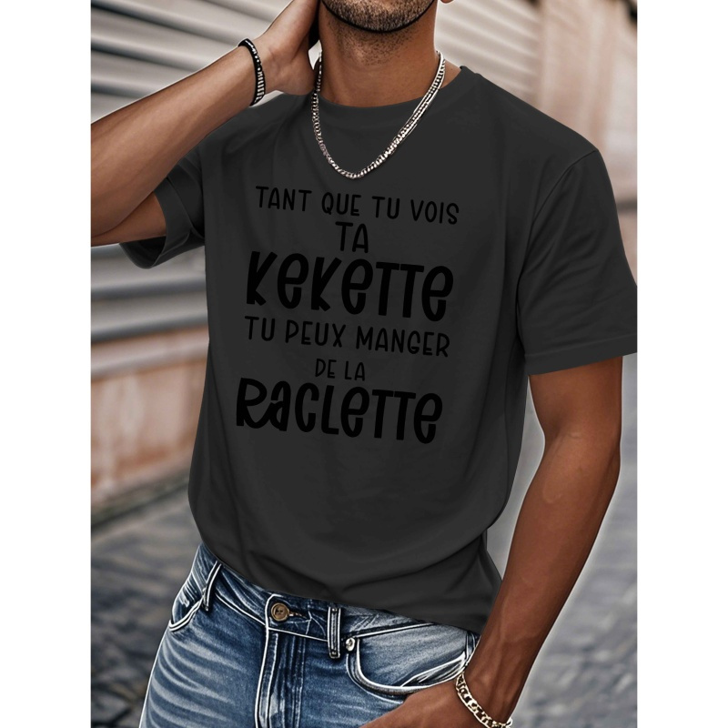 

T-shirt décontracté à col rond pour hommes - Tissu tricoté % polyester avec légère extensibilité, motif géométrique, coupe régulière - Haut à manches courtes avec française pour l'été