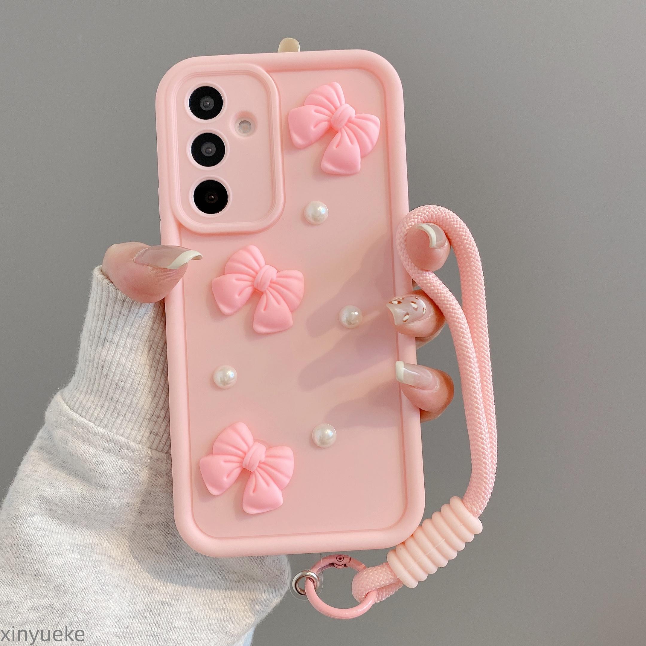 TEMU Phone Case - Minimalist Style Phone Case With 3d Bow Decoration, Featuring A Contrasting Color Lanyard And Pearl Embellishments. Practical For
