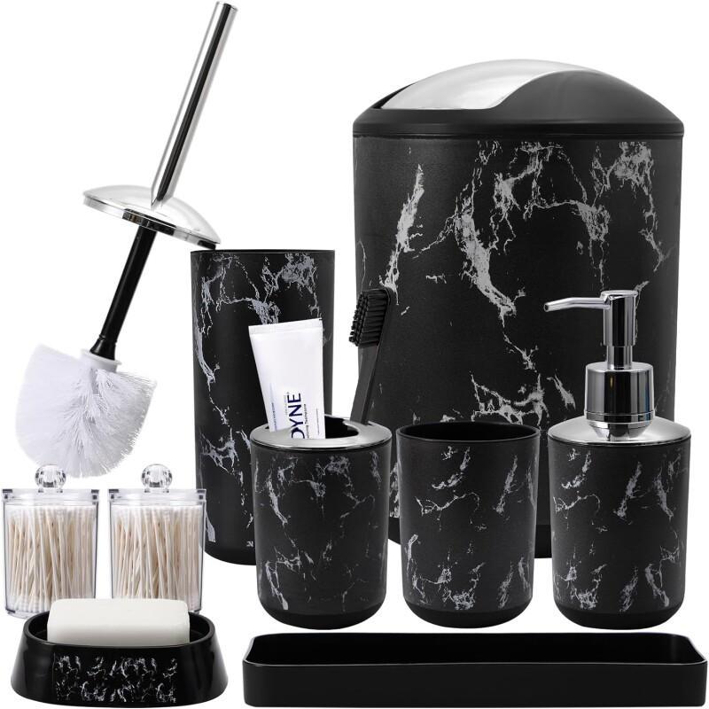 Image of Marble Patterned Bathroom Set, Including Mouthwash Cups, Toothbrush Holder, Soap Dispenser, Soap Box, Tray, Toilet Brush, Trash Can, And Swab Box