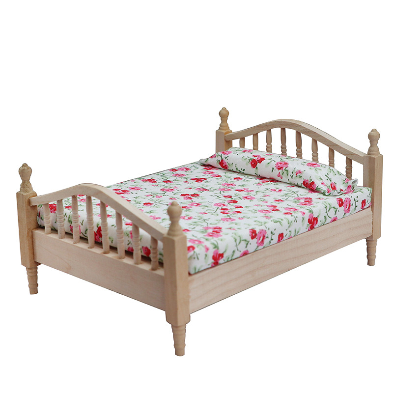Image of 1:12 Scale Dollhouse Miniature Furniture Bedroom Micro-scene Blank Double Bed With Floral Print