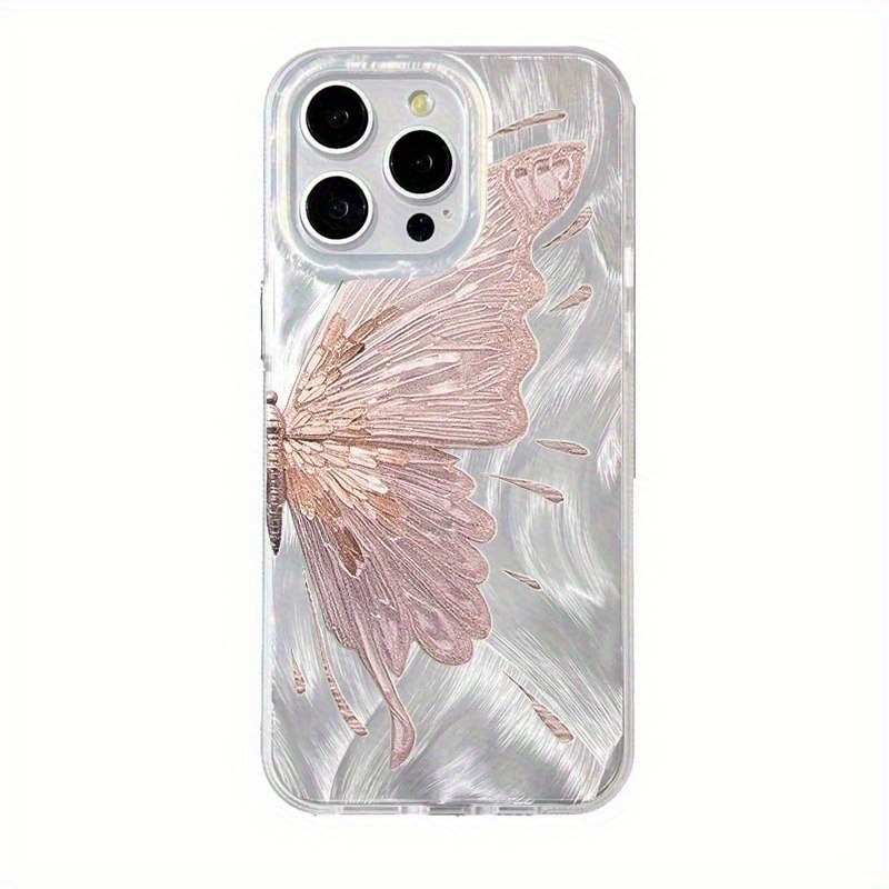 TEMU Phone Case: 1 Fashionable Ins-style Half Pink Pattern Silvery Feather Yarn Case, Protective Cover For Iphone 16/15/14/13/12/11 Pro Max/7/8