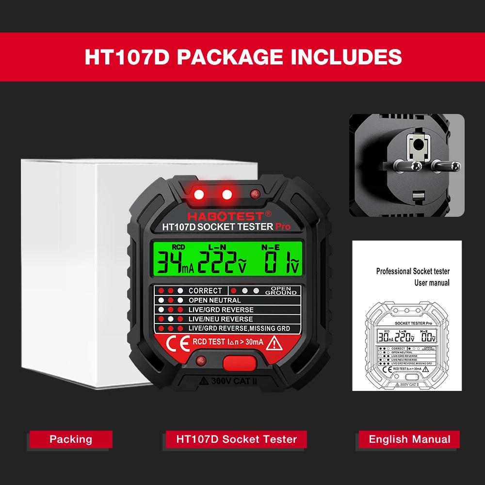 TEMU HT107 Probador de Enchufes Voltaje 30Ma y 5Ma Prueba RCD Detector Inteligente Enchufe EU de de Línea a
