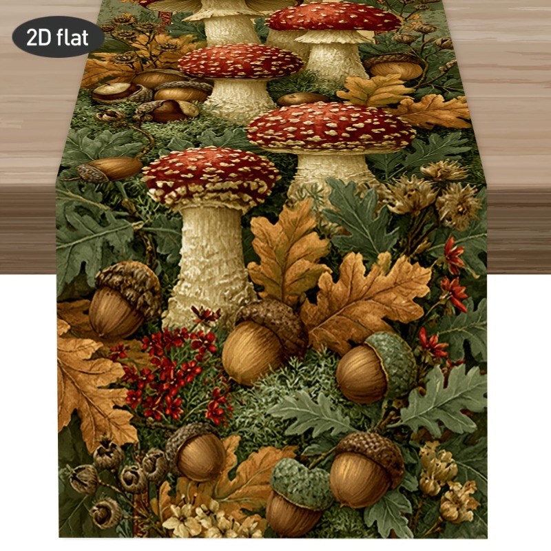TEMU 1pc, Autumn Thanksgiving Theme Umbrella Mushroom Autumn Leaf Pattern Rectangular Table Runner, Long Table Runner, Polyester Material, Multiple