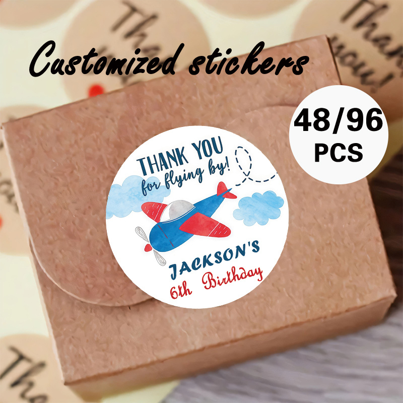 TEMU Custom 48/96pcs "airplane Flying Thanks" Round Stickers, Personalizable Content (like Name, Date, Etc.). Showcasing A Blue And Red Airplane With