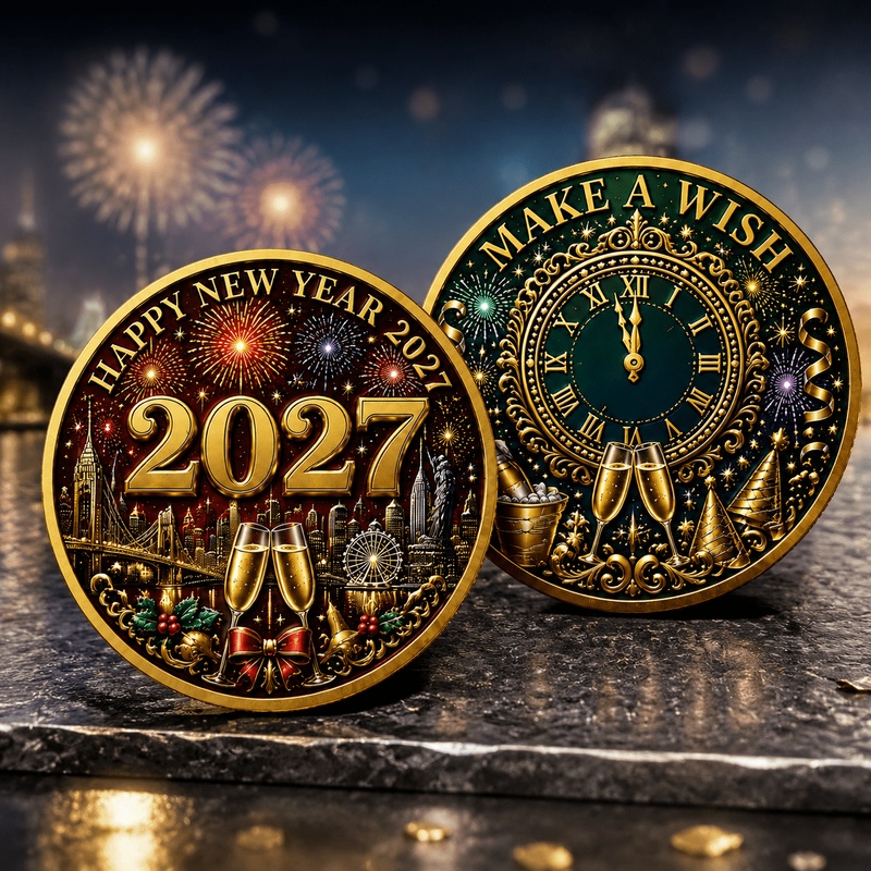 TEMU Moneda de colección del 2027, adecuada para intercambio , regalos de Chino y Navidad, dinero de con vista nocturna de artificiales y de el año,