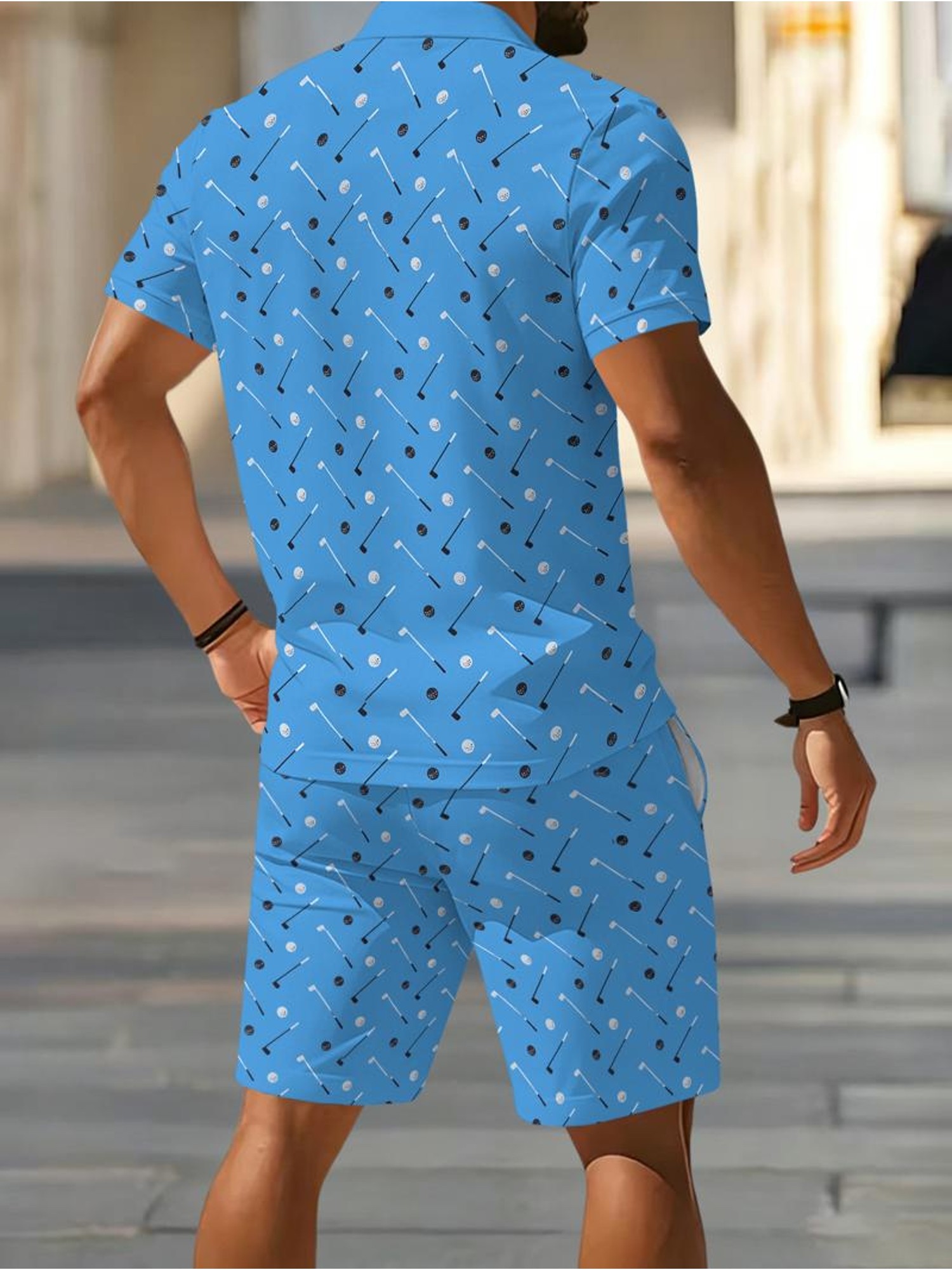 Conjunto Desportivo Casual Masculino, Polo Azul Claro e Calções  5