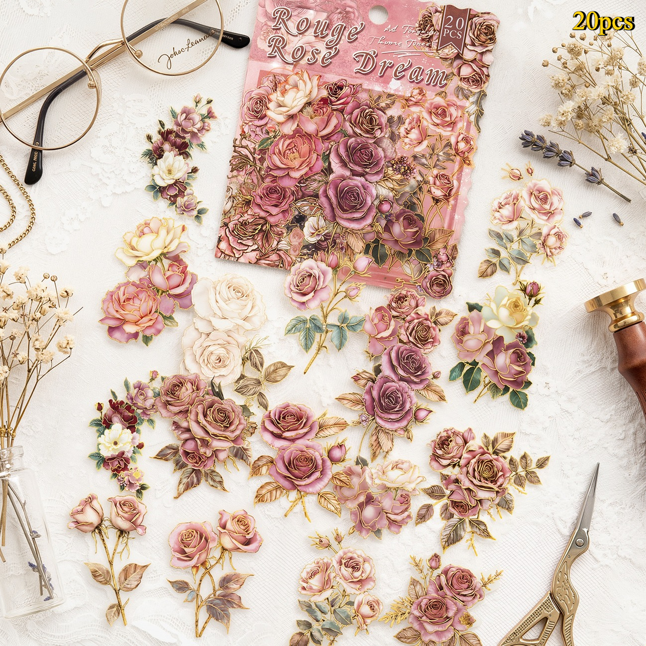 20pcs Flowers Stickers Materials Junk Journal Stickers For Water Bottle, Decals, Scrapbooking, Diary, Water Bottle, Holiday Decorations Christmas Halloween Valentine's Day