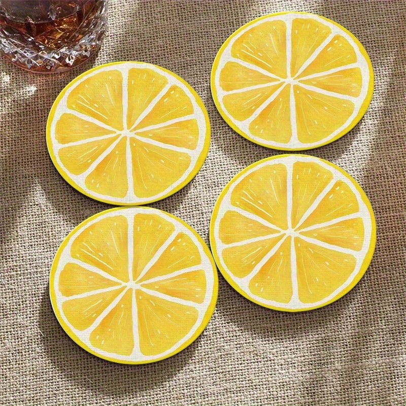 2d Flat 4pcs Lemon Coasters - Wooden Kitchen Table Decor, Natural Lemon Design, Heat-resistant & Anti-slip Protection - Spring/summer , Easy To Clean & Durable, Hand Wash Only, 2d Flat