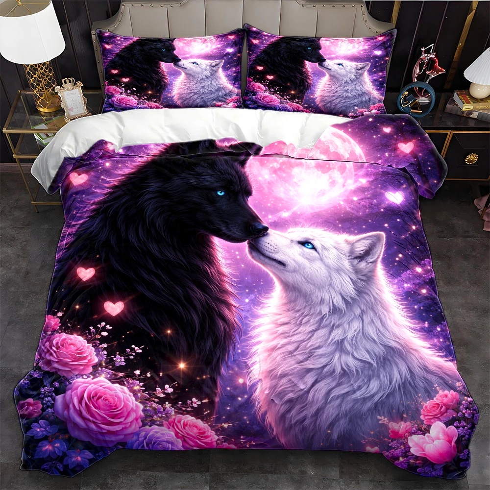 TEMU 3pcs Couple Wolves And Floral Duvet Cover Set, 1 Duvet Cover   2 Pillowcases, 3pcs Bedding Suitable For , Machine Washable, Hidden Zipper Double