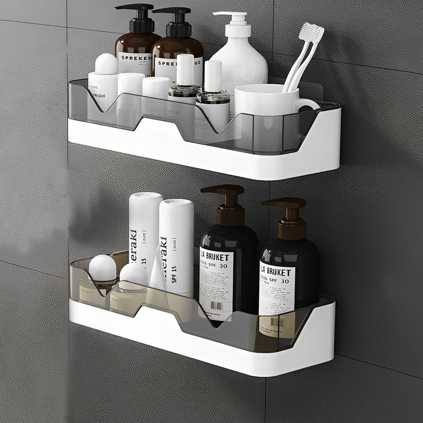 Image of Set Of 2 Starlight Gray Wall-mounted Shelves For Bathroom - No Drilling Required, Ideal For Storing Cosmetics In Bathrooms And Kitchens