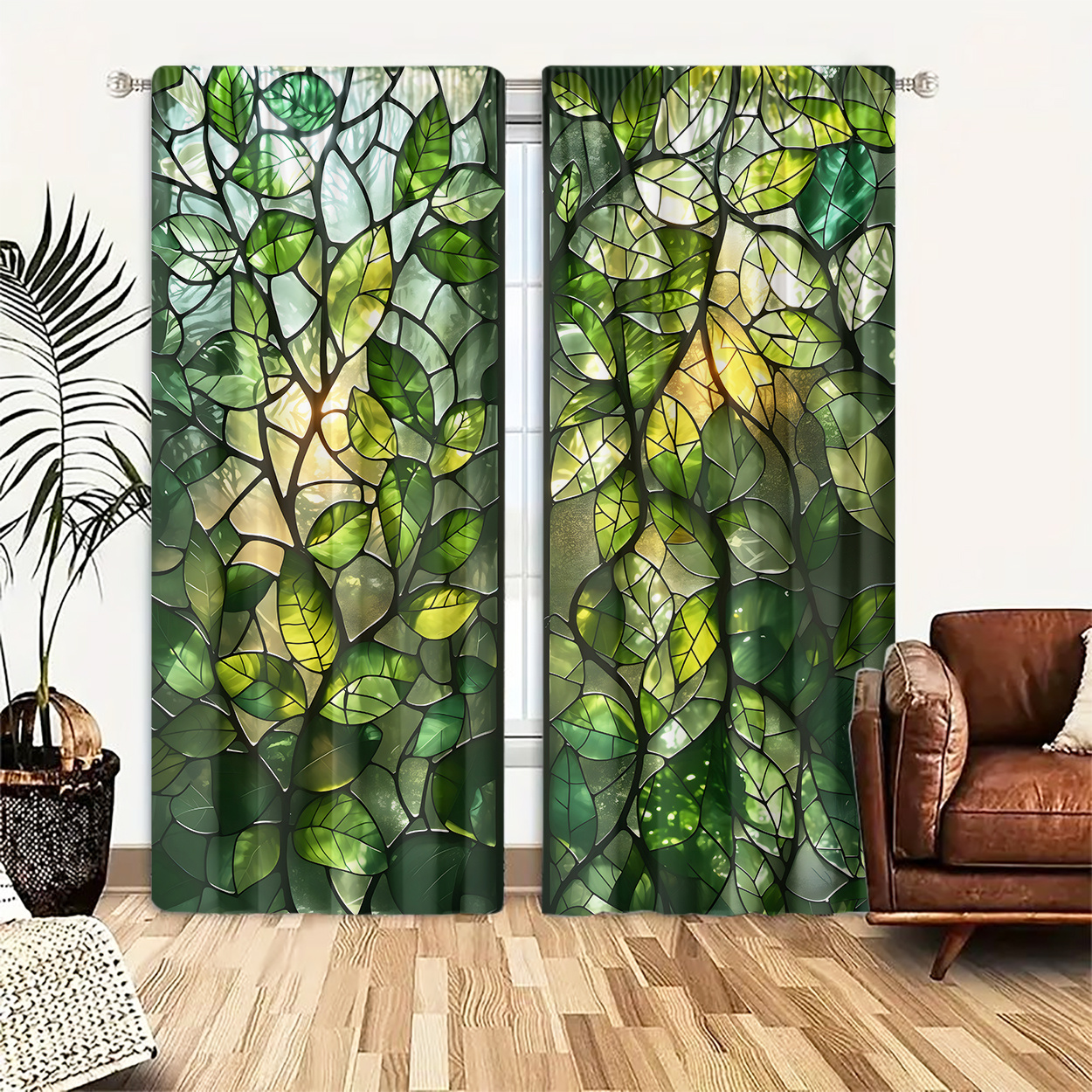 

2pcs Art Deco Leaf Pattern Light-filtering Curtains, Polyester Woven, Machine Washable, Fade Resistant, Rod For Bedroom, Living Room, Office - Leaves Decorative Drapes