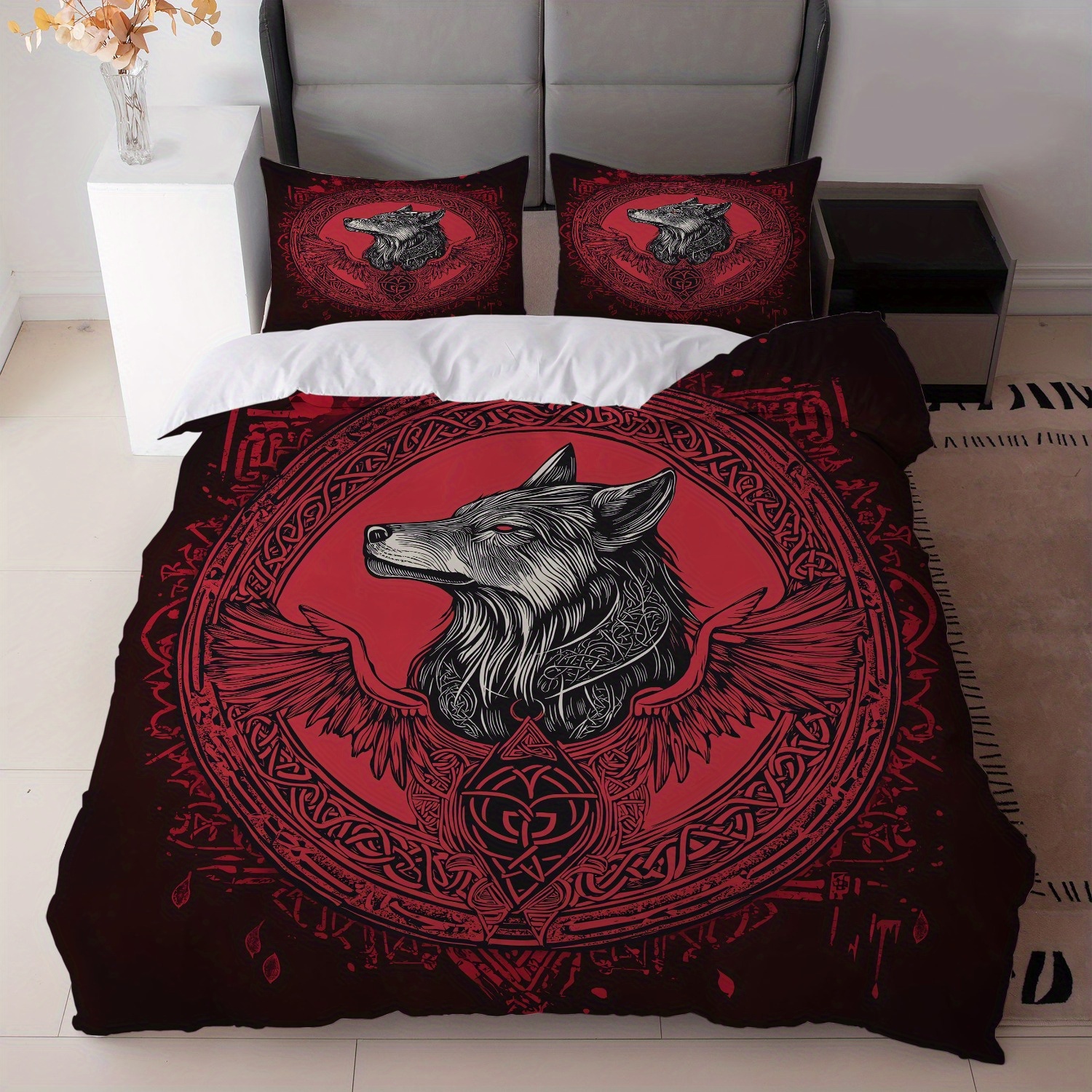 TEMU 3pcs Bedding Featuring A Black And Design (includes 1 Duvet Cover And 2 Pillowcases, Core Not Included) - Viking-inspired Decor For Your Bedroom