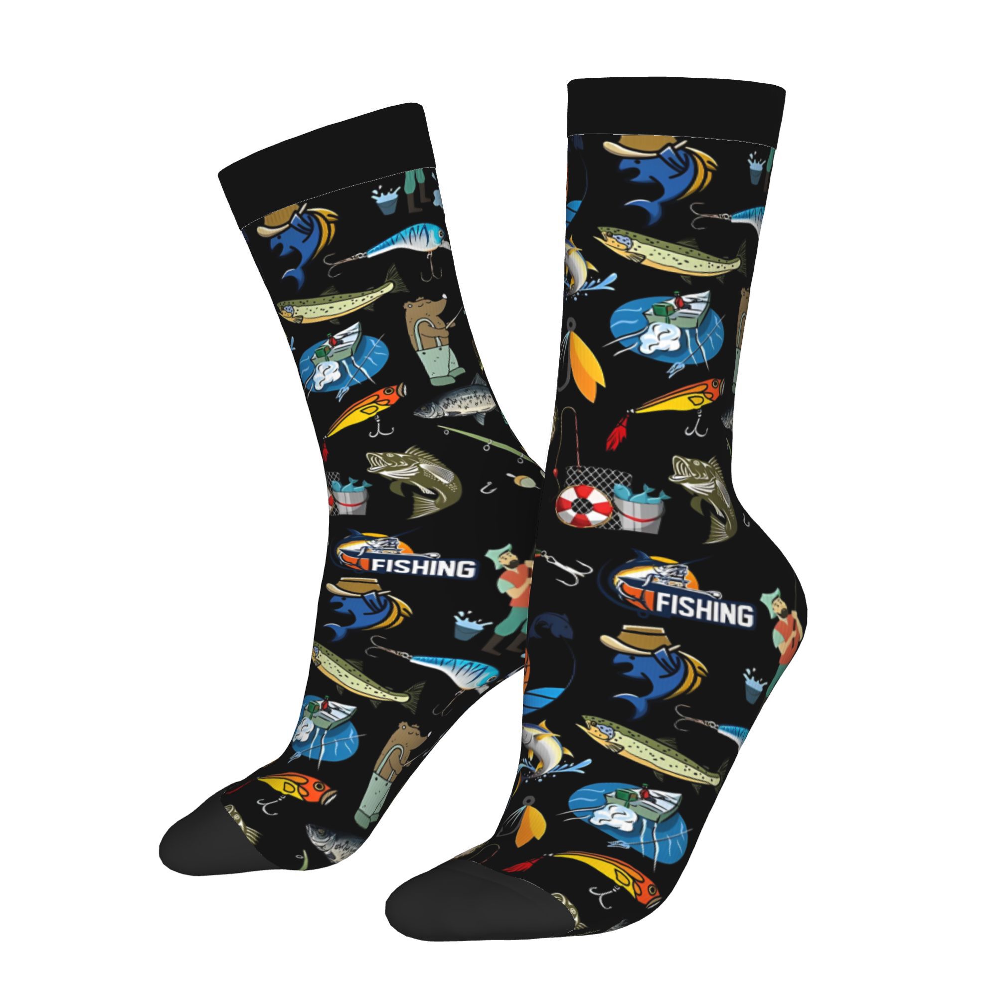 TEMU 2d Print Design 1 Pair Men's Fishing Lover Prints Printed Socks Novelty Crew Socks For Outdoor Hand Wash Or