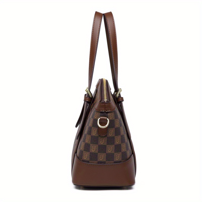 1pc womens genuine handbag modern vintage style with detachable shoulder strap front zipper closure durable metal hardware versatile for handheld crossbody or wrist carry in khaki coffee apricot deep brown crossbody bag checkered pattern bag oil edge detailing Product details 5