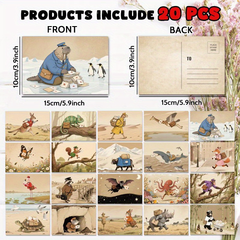 TEMU 20pcs Vintage Cute & Interesting Animal Cartoon All-occasion Postcards, Comic Everyday Gift For Anyone, Congratulations, Birthday Of You,
