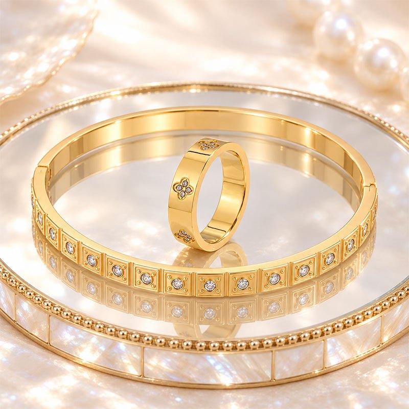 Women's 2pc Adjustable Bangle & Ring Set, Dazzling Zirconia Design