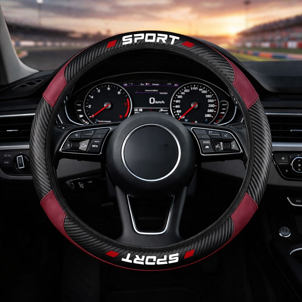 TEMU 1pc Car Steering Wheel Cover Compatible For All Vehicles, Carbon Fiber & Pu Leather Splicing Wheel With Sport Lettering, Suitable For All- Use,