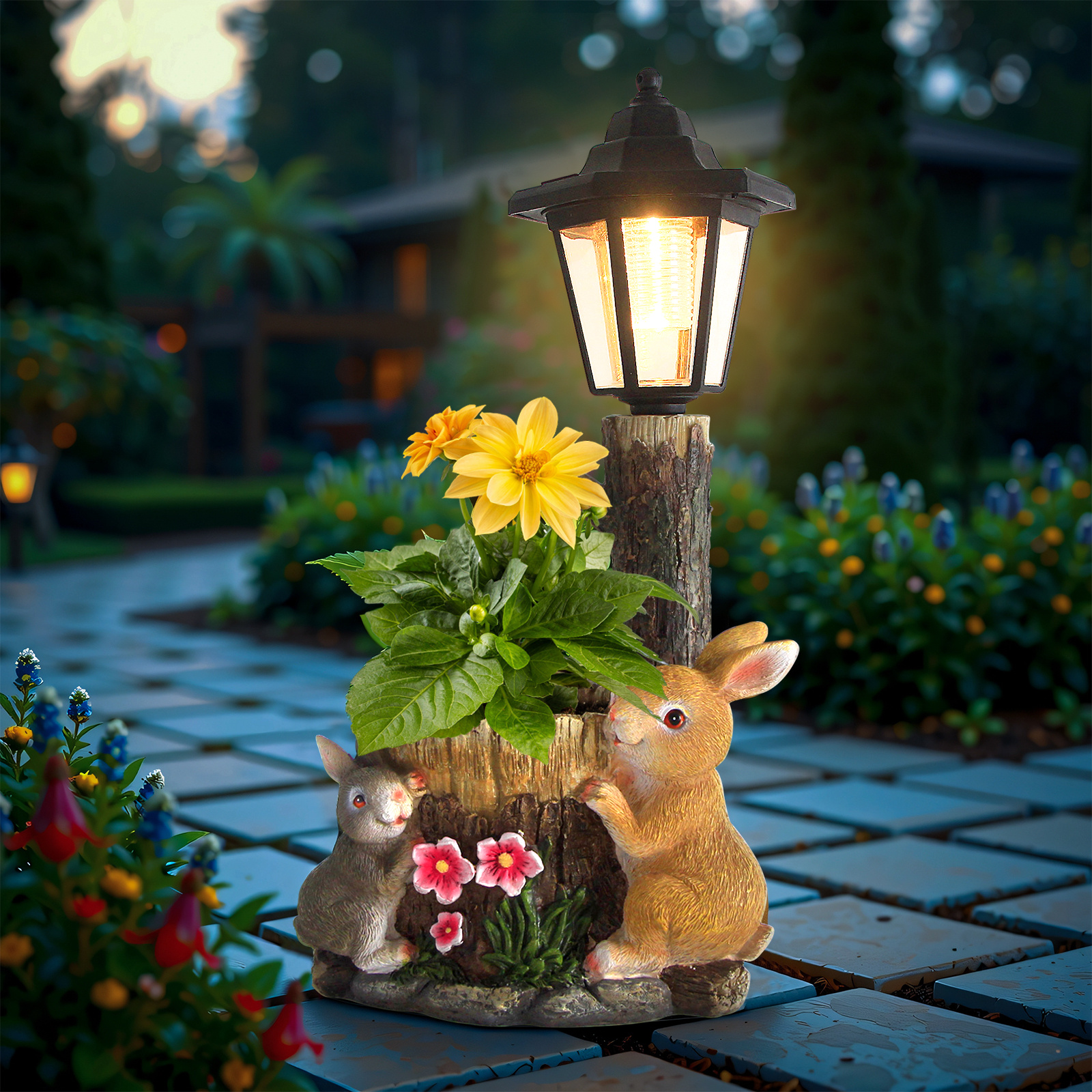 TEMU Outdoor Rabbit Flowerpot Garden Statues Sculpture Figurine Decor Solar Powered Light Planter Succulent(not Artificial Flowers) Valentine's Day