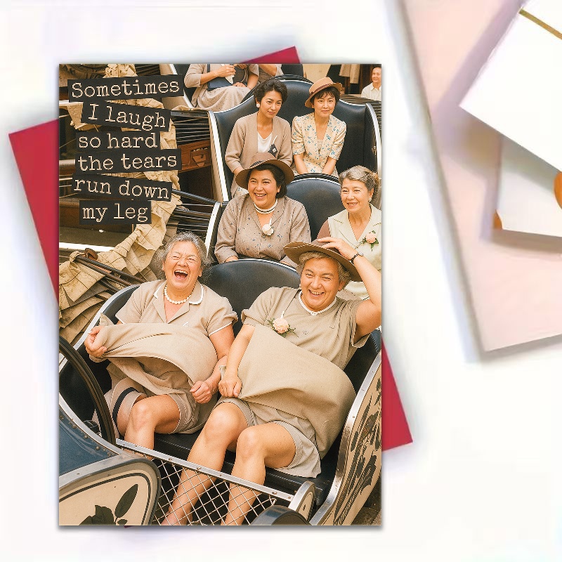 TEMU 1 Greeting Card + 1 Envelope. Vintage Amusement Park Joy For —laughing Hard, Tears Running Down Legs. Perfect Birthday Or Anniversary Card
