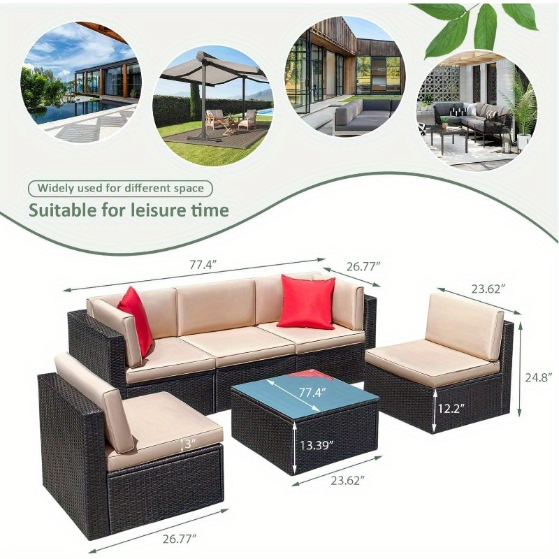 Patio Furniture Sets 6pcs Outdoor Sectional Rattan Sofa Manual Weaving Wicker Patio Conversation Set with Glass Table and Cushion Beige
