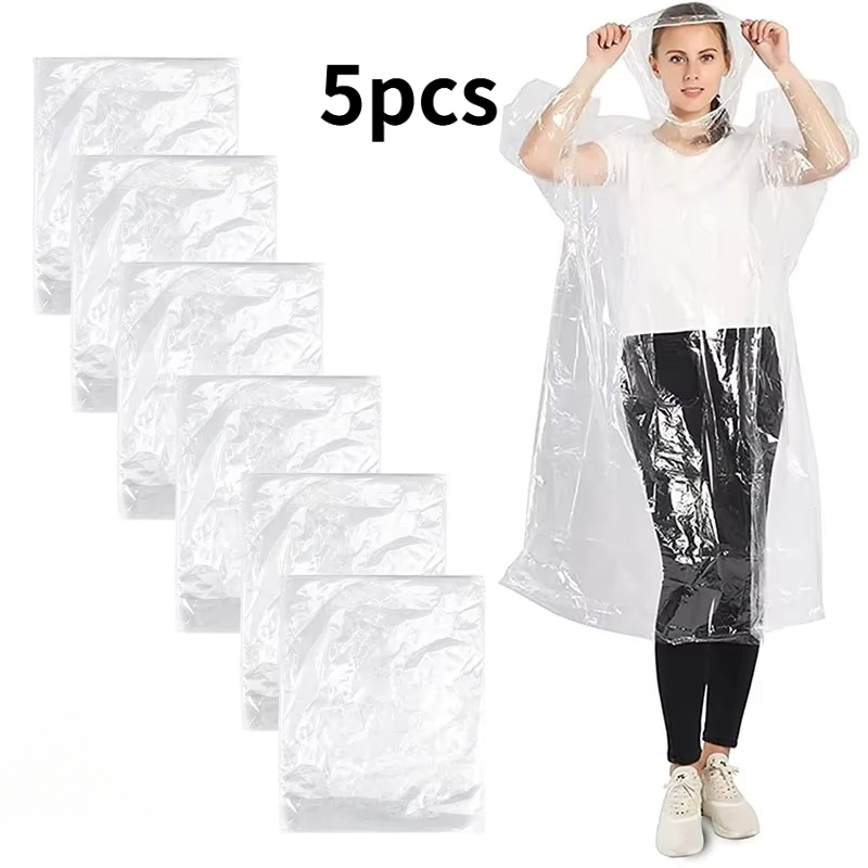 TEMU 5pcs Set Of Adult Disposable Raincoats, Transparent Multicolor Portable Outdoor Hiking Riding Climbing Rain Gear. Lightweight And Transparent,