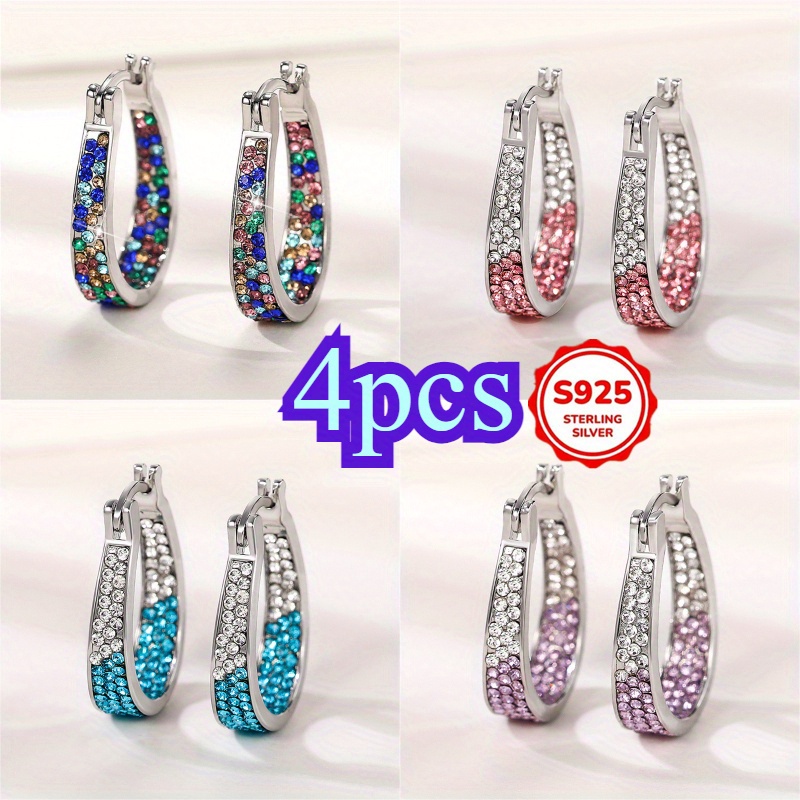 TEMU 4pcs Trendy Earrings Feature Colored Designs With Copper-set Zirconia In 925 Sterling Silver. Are Stylish, Ideal For Occasions, And Sparkle