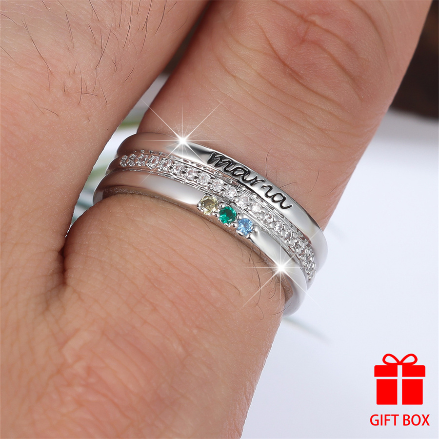 Engraved Mama Set Zirconia Silvery Ring for Mother's Party