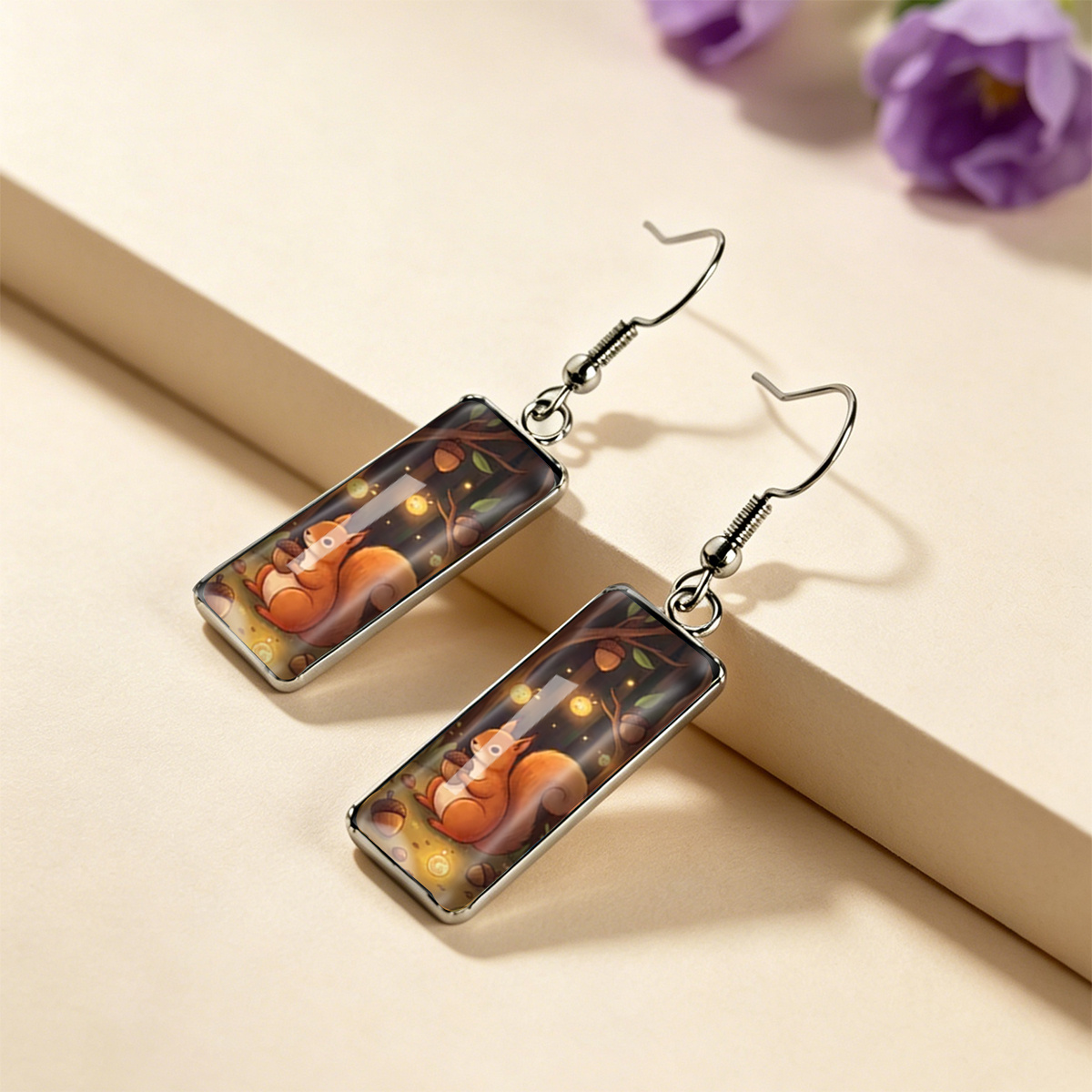 Autumn Night Forest Squirrel Acorn Firefly Cartoon Earrings, Unisex