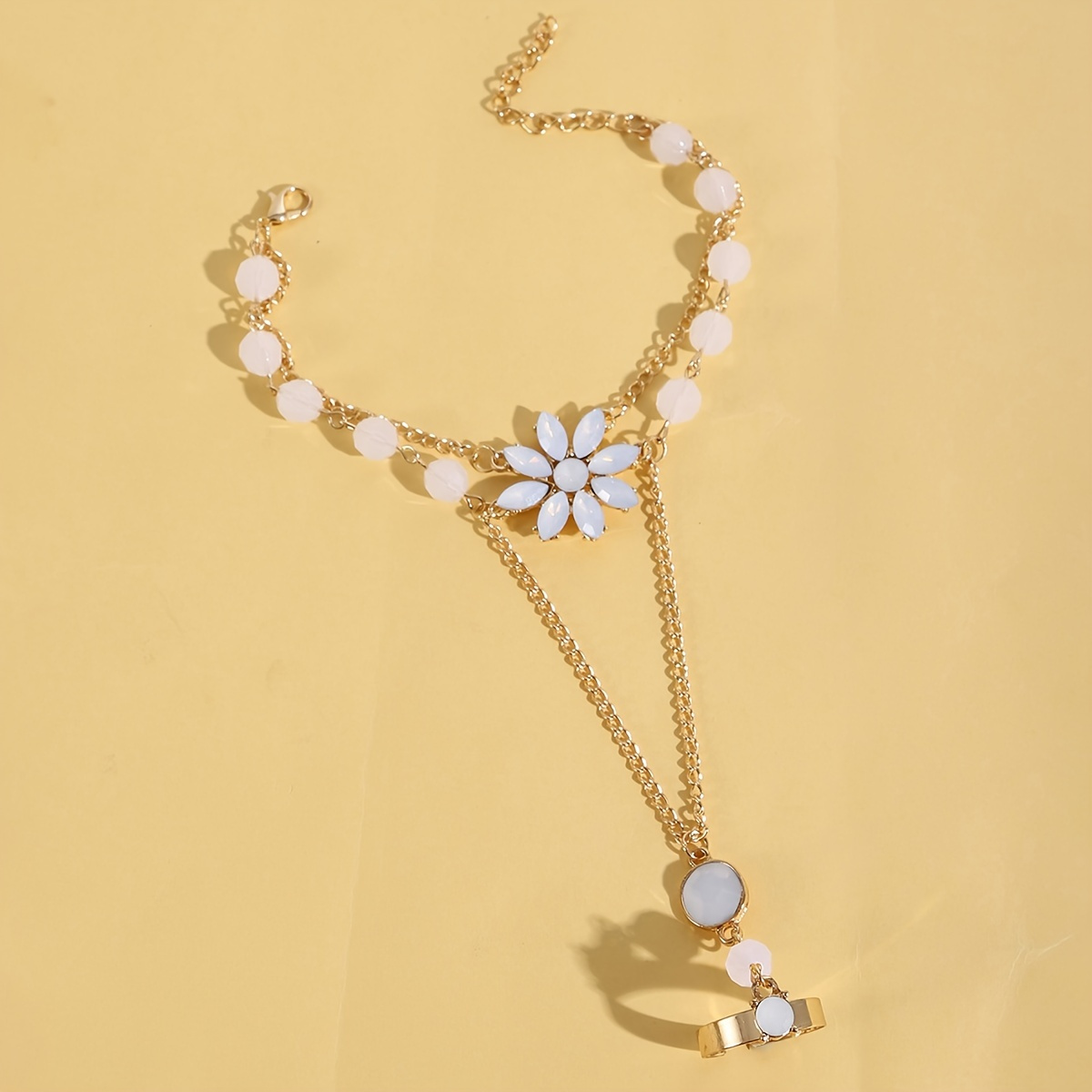 Pulseira Anel de Dedo de Flor Ajustável Joias de Mão  6