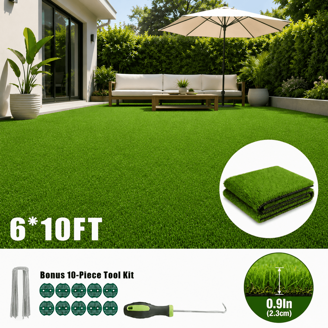 Image of 6ft X 10ft Artificial Grass Turf, 60 Sq Ft Realistic Synthetic Lawn With 0.9in Pile Height, Drainage Holes & Installation Tools For Patio, Garden, Balcony & Outdoor Decor