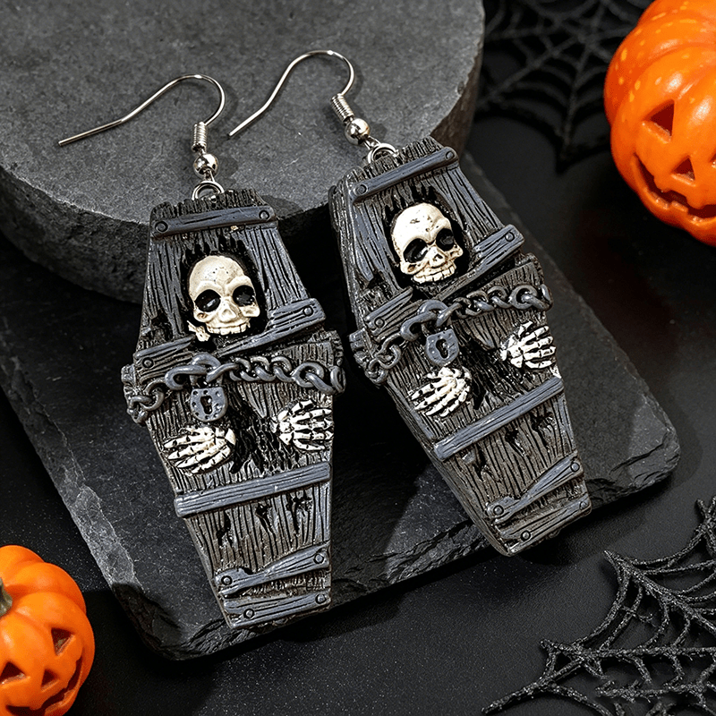 TEMU 1 Pair Halloween Horror Skull Man Tombstone Earrings, Creative Gothic Dark Style Skull Hand Coffin Earrings, Women's Fashion Dangle Earrings,