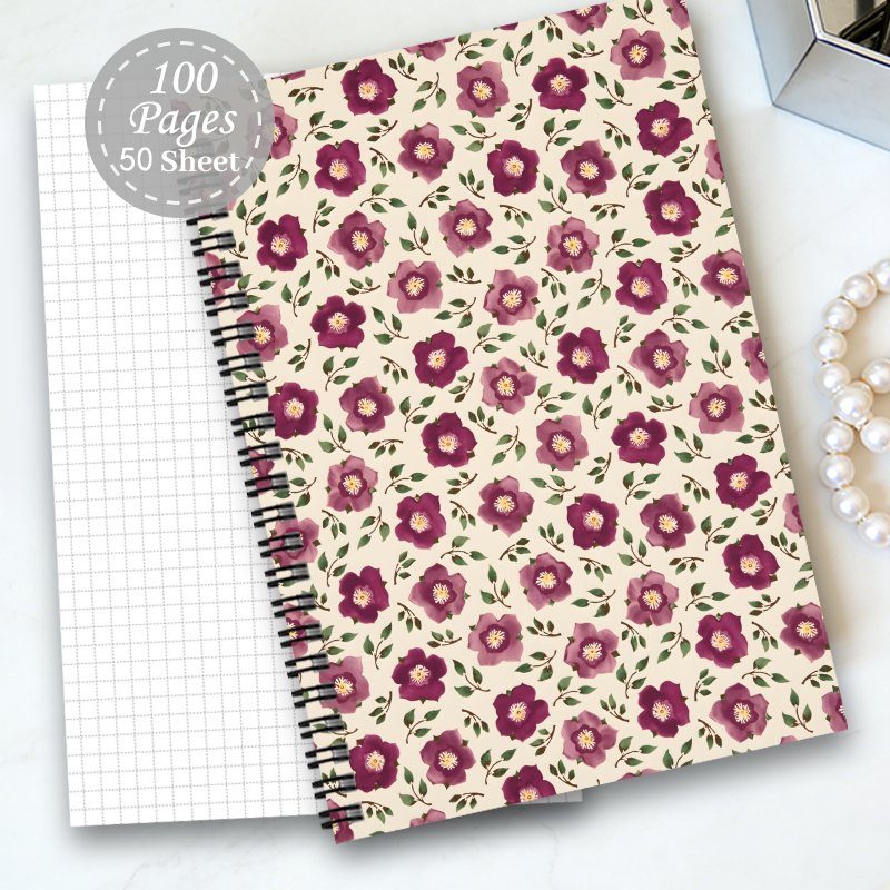 TEMU Cahier à spirale 1 pièce 1 avec couverture florale violette et quadrillage esthétique - Reliure épaisse/adaptée pour , , l'agenda, de voyage,