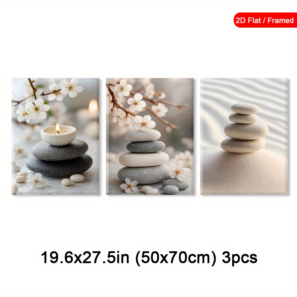 TEMU Set Of 3 Framed Spring Canvas Prints, Zen Stones Wall Art, Calming Vibes Home Wall Art Poster, Mindfulness Art Prints, Retro Artwork Print