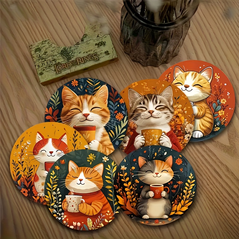 E-shop Ein Set aus sechs hitzebeständigen Holzuntersetzer mit Katzen- und Blumendesigns, ideal für Zuhause, Cafés und Nachmittagstee. Diese