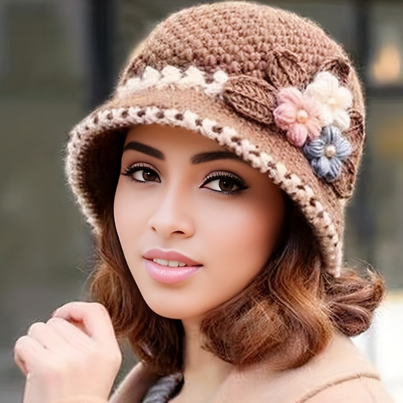 

1pc Fashionable Vintage Crochet Bucket Hat With Floral , Thick Cotton Warm Cap For Women, Coldproof Basin Hat For Autumn & Winter