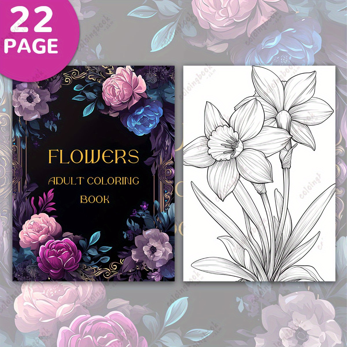 TEMU Édition Deluxe Améliorée, 22 Pages de Papier Épais, 11.42 X 7.87 Pouces, Livre de Coloriage de Peinture Florale, Couverture Unique, Convient aux