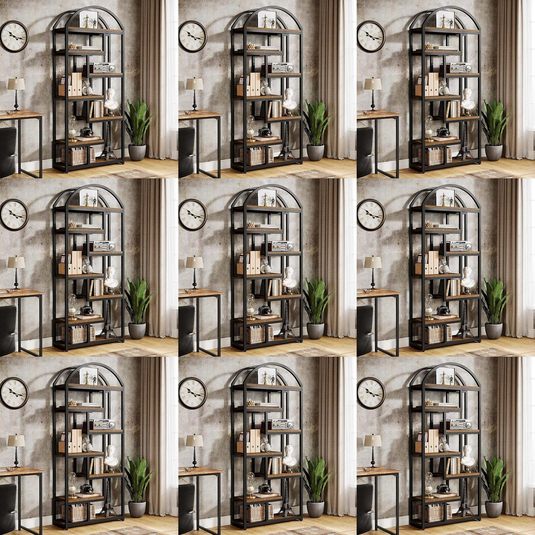 71" Tall Arched Bookshelf, Industrial Etagere Bookcase With Open Display Shelves, Floor Stand Storage Organizer Shelving For Living Room, Bedroom, Home Office, Rustic