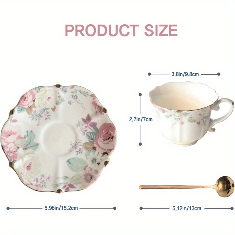   floral porcelain tea cup and saucer set with spoon   6.4oz set of 1 pink 1 pink, tea set,   party,  , classic porcelain,  ge  ,  , delicate  , floral teacup, gift for her, hostess gift Product details 1