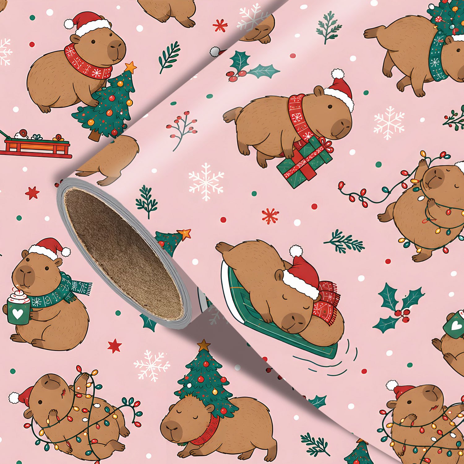 TEMU de Noël Rouleau Capybara pour Cadeaux de Noël, Anniversaires, Décorations de Fête - Emballage Cadeau Capybara Rose avec Capybaras, Bonnets de