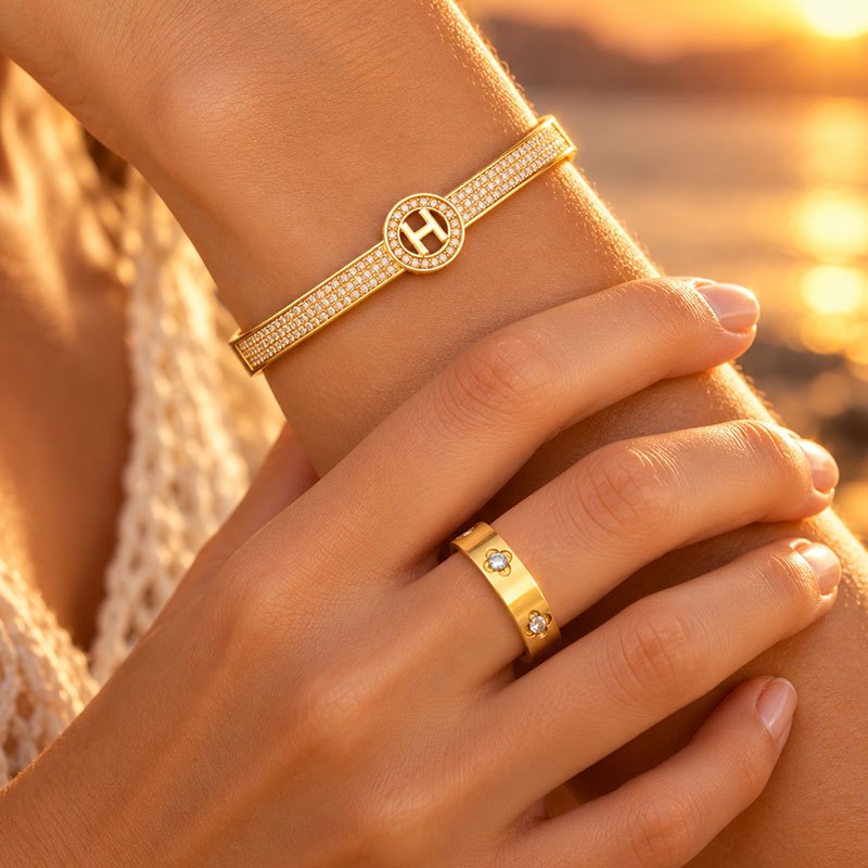 2pc Copper Double-Row Bangle & Stainless Steel Ring Set, Elegant Design