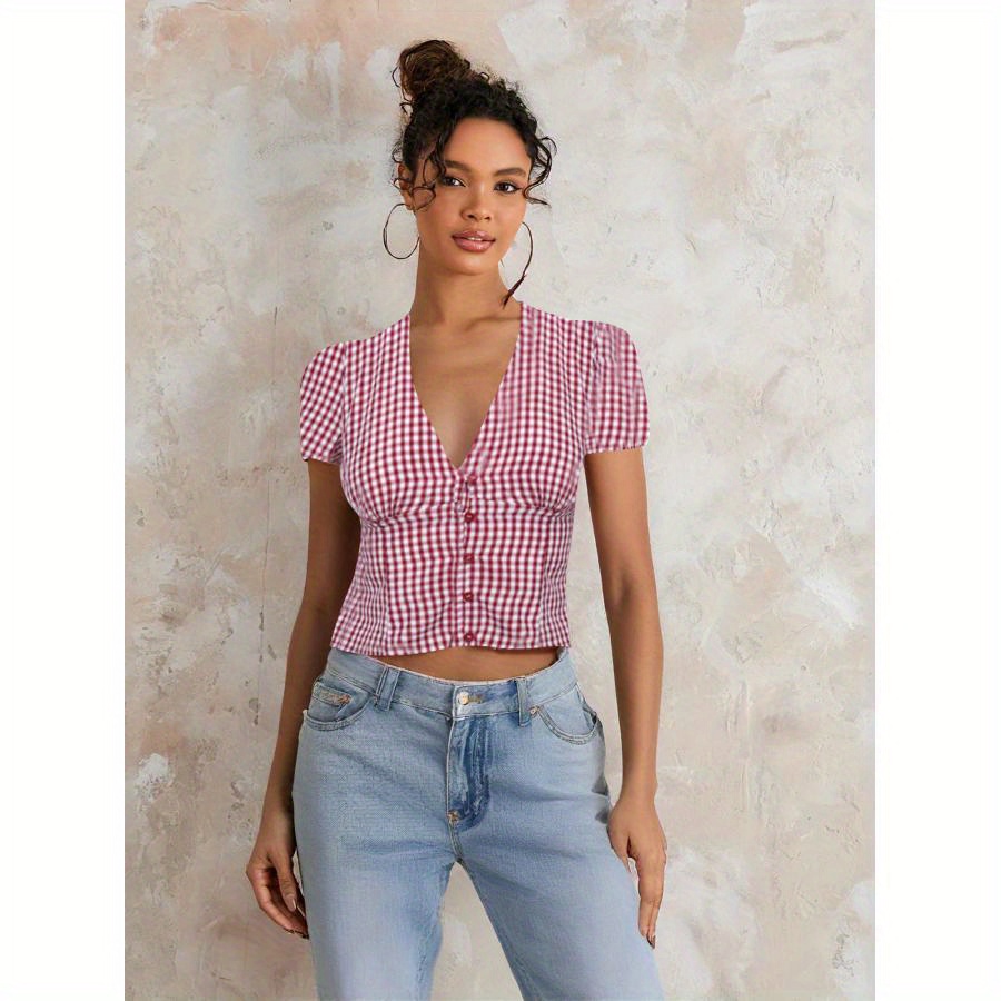 Plaid Shirt Women Vince Camuto Women's Chevron-Stripe Puff-Sleeve