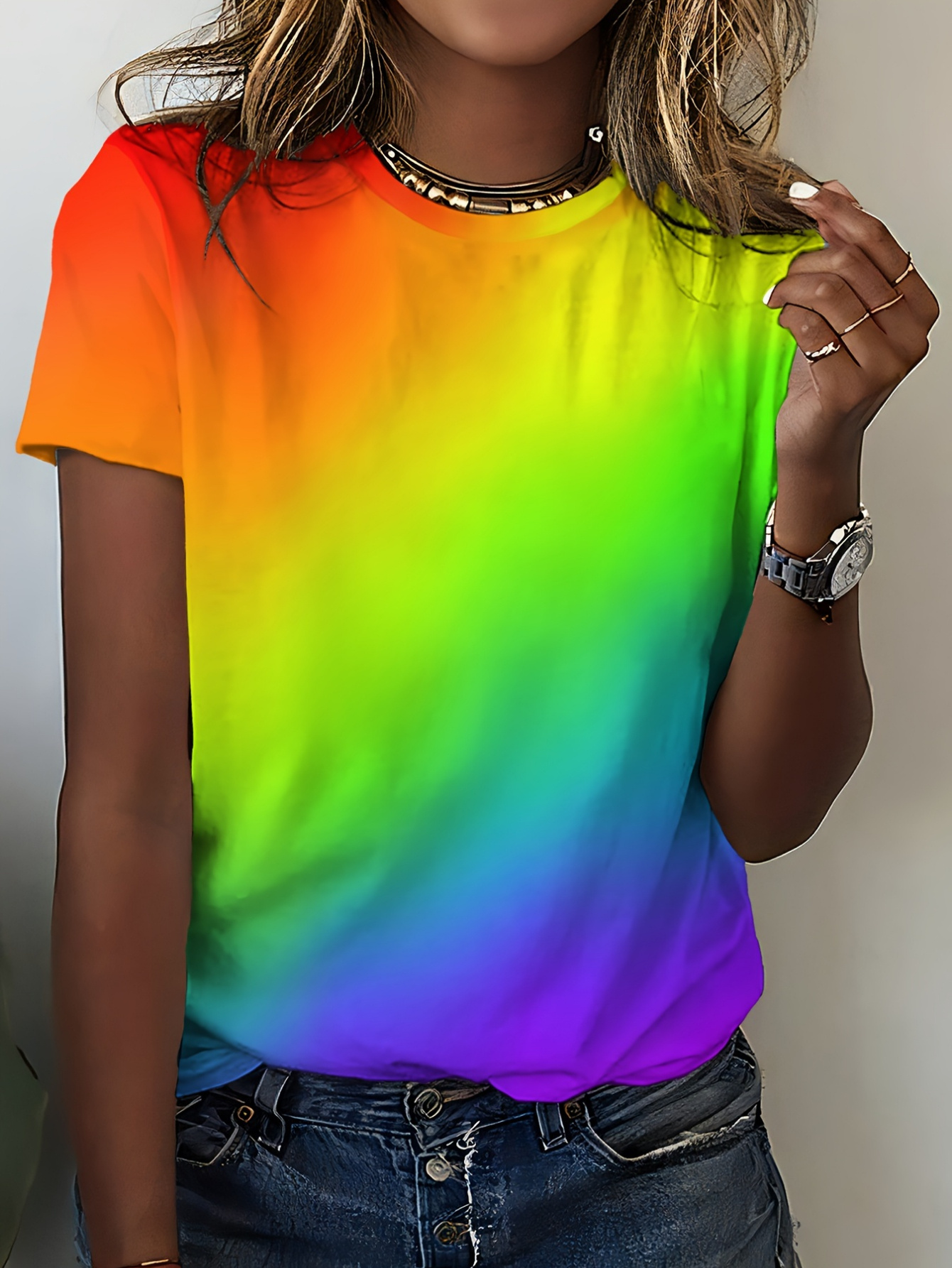 Women'S Vibrant Rainbow Gradient Tee - Soft, Breathable Polyester Blend, Casual Crew Neck, Color-Blocking Design, Short Sleeve, Relaxed Fit, Perfect for Summer Outdoor, Casual Summer Wear | Colorblock Tee | Comfortable Fit
