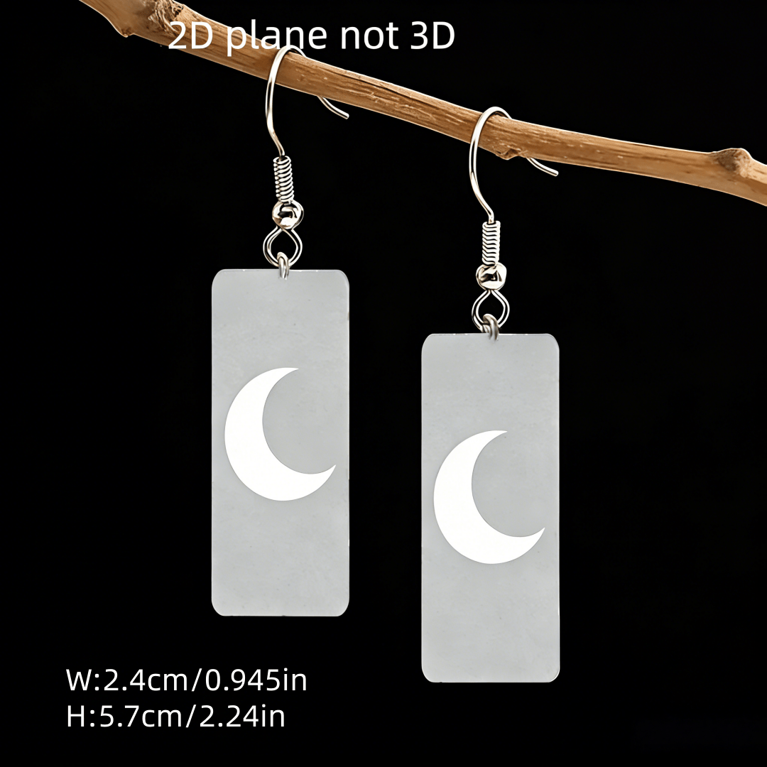 2D Flat Minimalist Crescent Moon Rectangle Dangle Earrings