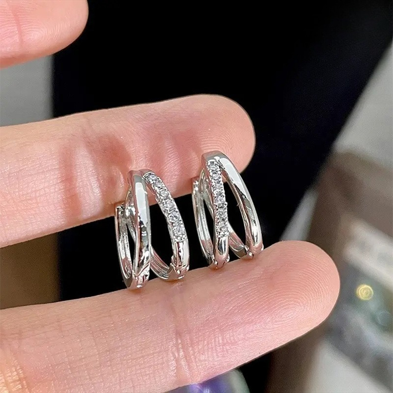 TEMU 1 Pair Of Exquisite, Light Luxury, Elegant, Fashionable, And Silvery Stainless Steel Micro-inlaid Synthetic Zirconia Double Ring Women's