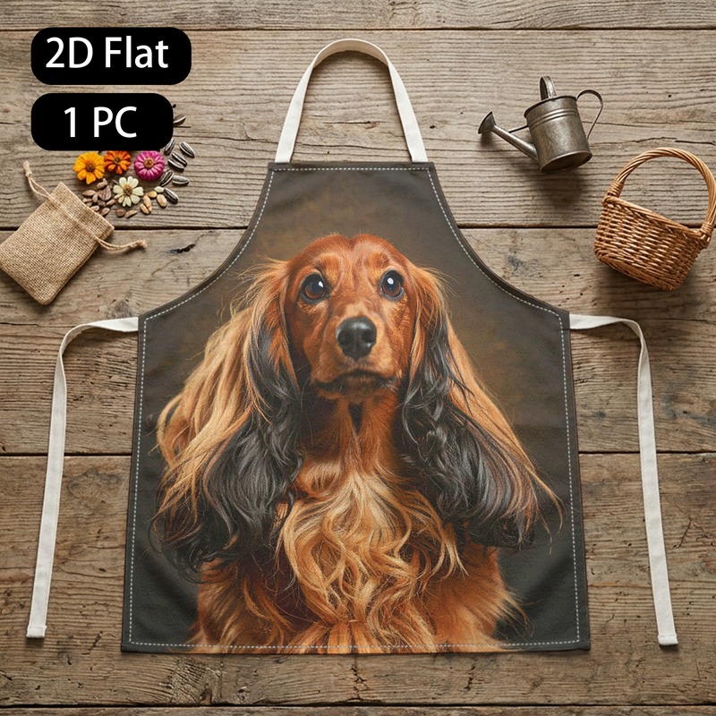 TEMU 2d Flat Printing 1pc Apron With Realistic Long-haired Dachshund Warm Pattern Unisex Comfortable Lightweight For Kitchen Baking