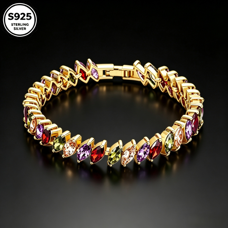 Image of 925 Golden Oval Marquise Rainbow Moissanite Bracelet For Women, Vintage Pastoral Elegant Luxury Bangle, Jewelry For Daily Banquet Party Holiday Celebration, Gift Box Included