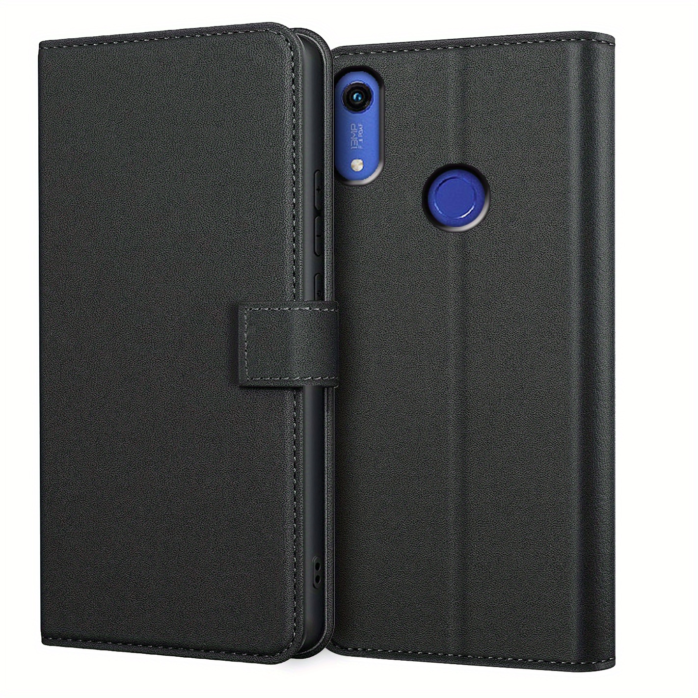 TEMU Coque de téléphone - Étui de protection pour Honor 8S, 8C, 8X et 8A Prime, avec support, fente pour carte et en similicuir noir, design