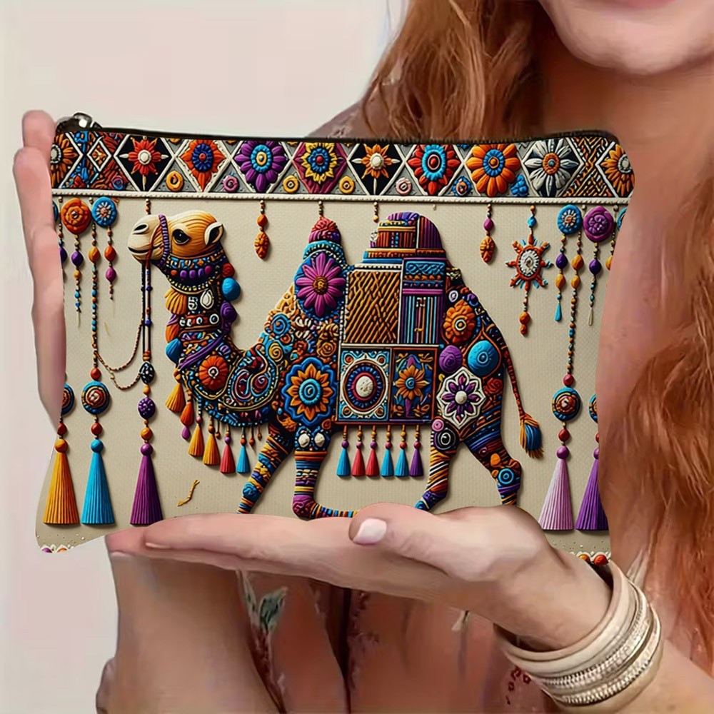 TEMU 1pc 2d Flat Printed Festive Ornate Camel Pattern Cosmetic Bag, Featuring Zipper Closure, Lightweight And Durable, Ideal For Travel And Storage,